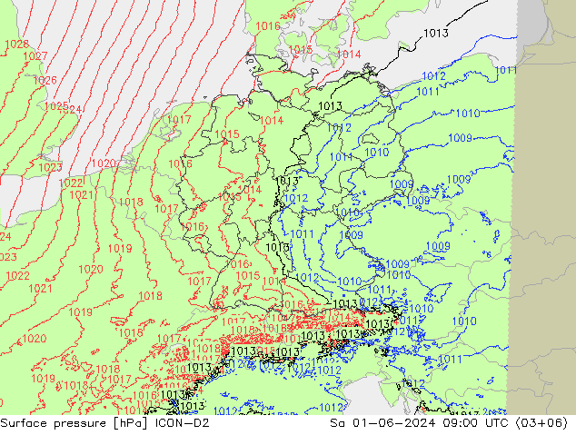 地面气压 ICON-D2 星期六 01.06.2024 09 UTC