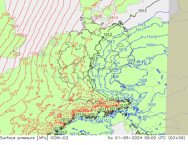 Luchtdruk (Grond) ICON-D2 za 01.06.2024 09 UTC