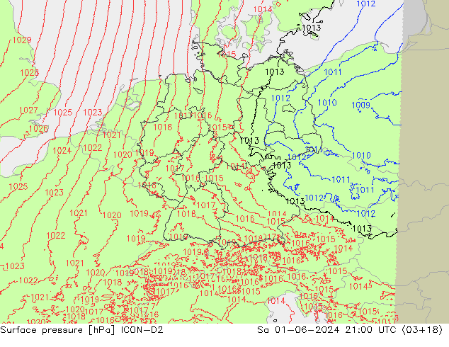 pressão do solo ICON-D2 Sáb 01.06.2024 21 UTC