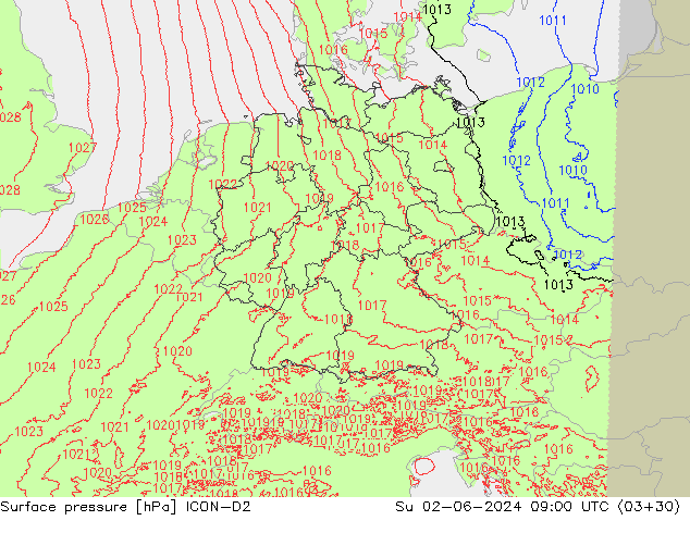 Surface pressure ICON-D2 Su 02.06.2024 09 UTC