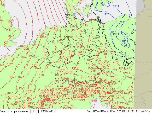 Surface pressure ICON-D2 Su 02.06.2024 12 UTC