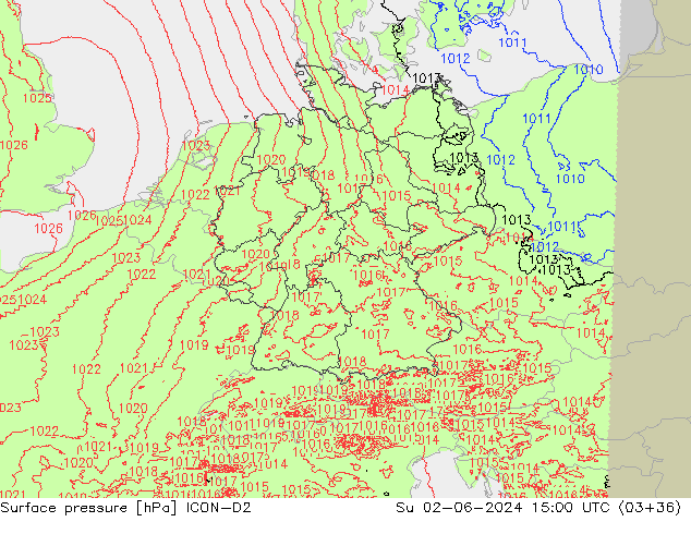 Surface pressure ICON-D2 Su 02.06.2024 15 UTC