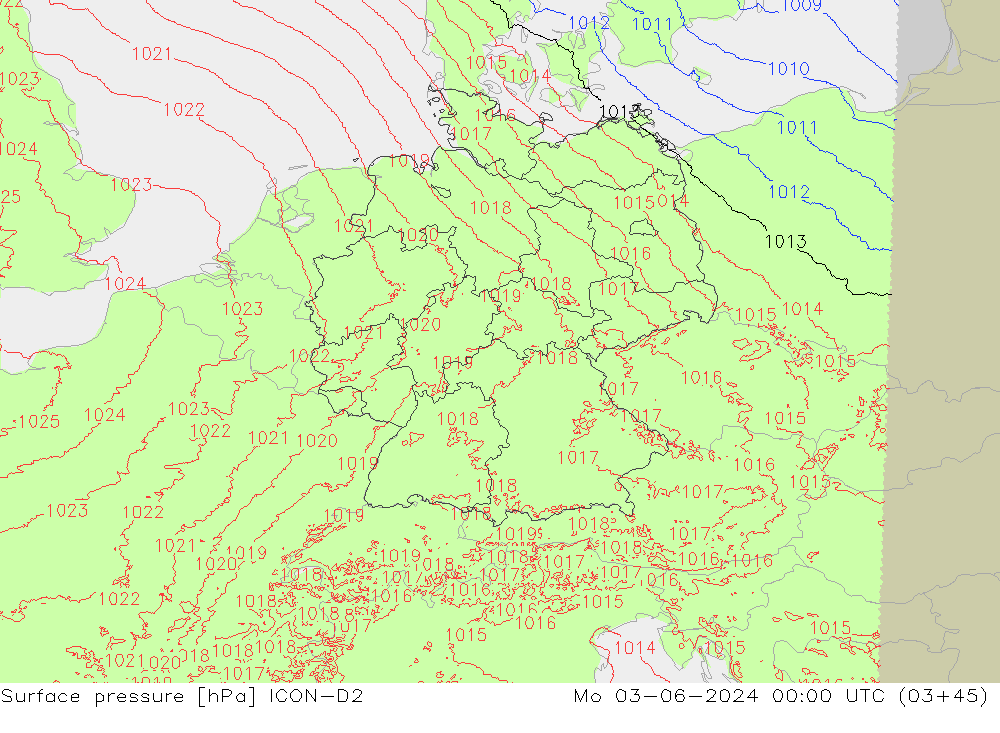 Surface pressure ICON-D2 Mo 03.06.2024 00 UTC