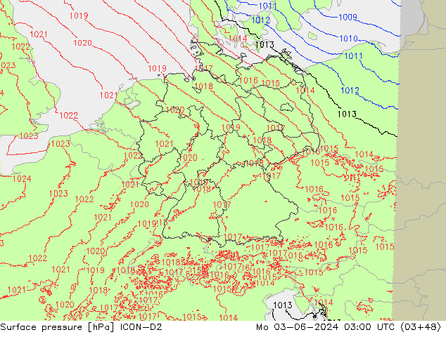 Surface pressure ICON-D2 Mo 03.06.2024 03 UTC