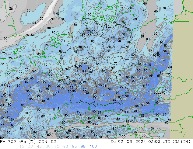 RH 700 гПа ICON-D2 Вс 02.06.2024 03 UTC