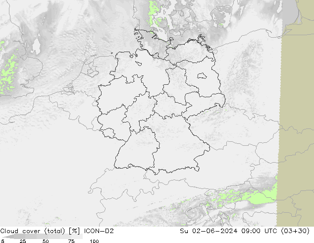 Cloud cover (total) ICON-D2 Su 02.06.2024 09 UTC