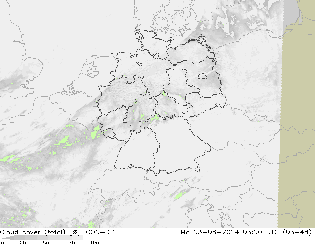 Cloud cover (total) ICON-D2 Mo 03.06.2024 03 UTC