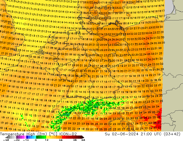 Temp. massima (2m) ICON-D2 dom 02.06.2024 21 UTC