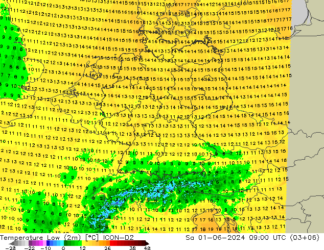 Temperatura mín. (2m) ICON-D2 sáb 01.06.2024 09 UTC