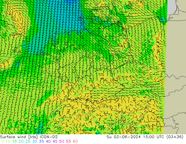 Viento 10 m ICON-D2 dom 02.06.2024 15 UTC