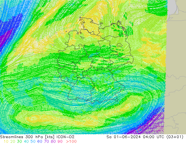 Streamlines 300 hPa ICON-D2 Sa 01.06.2024 04 UTC