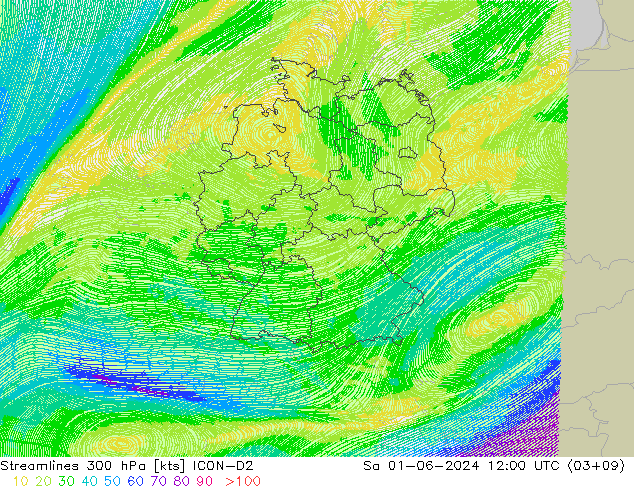 Streamlines 300 hPa ICON-D2 Sa 01.06.2024 12 UTC