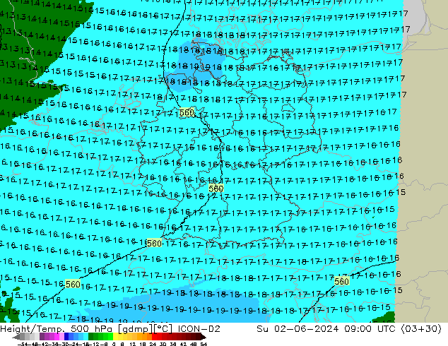 Height/Temp. 500 гПа ICON-D2 Вс 02.06.2024 09 UTC