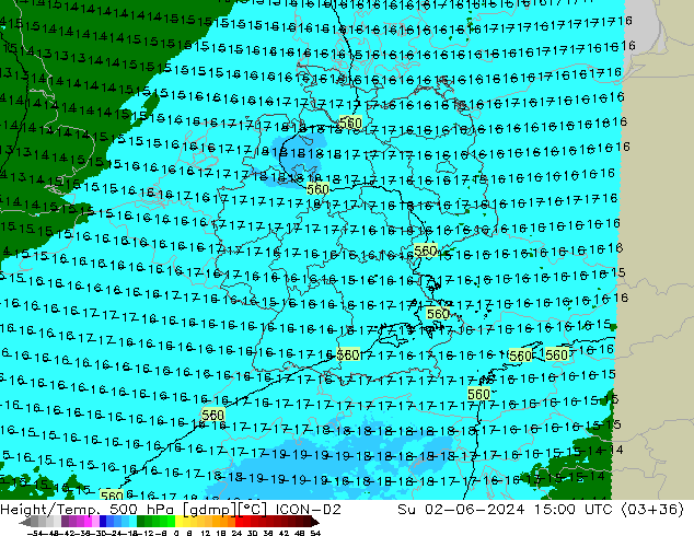 Height/Temp. 500 hPa ICON-D2 Dom 02.06.2024 15 UTC