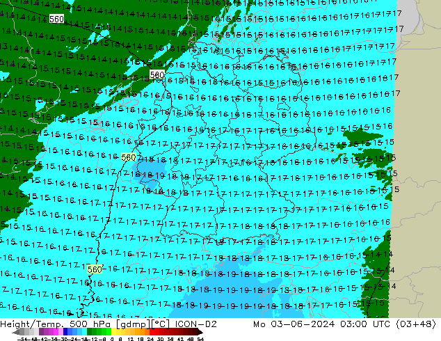 Height/Temp. 500 hPa ICON-D2 Po 03.06.2024 03 UTC