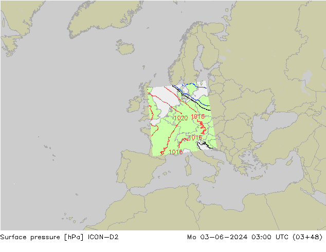 Surface pressure ICON-D2 Mo 03.06.2024 03 UTC