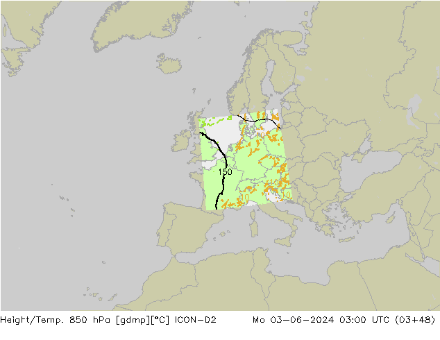 Geop./Temp. 850 hPa ICON-D2 lun 03.06.2024 03 UTC
