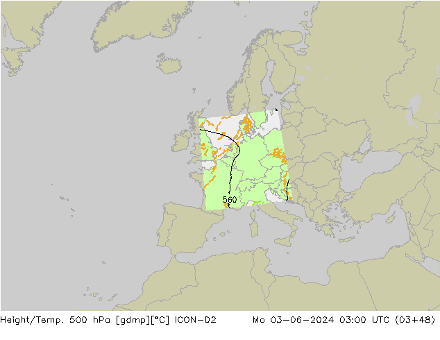 Height/Temp. 500 hPa ICON-D2 Mo 03.06.2024 03 UTC