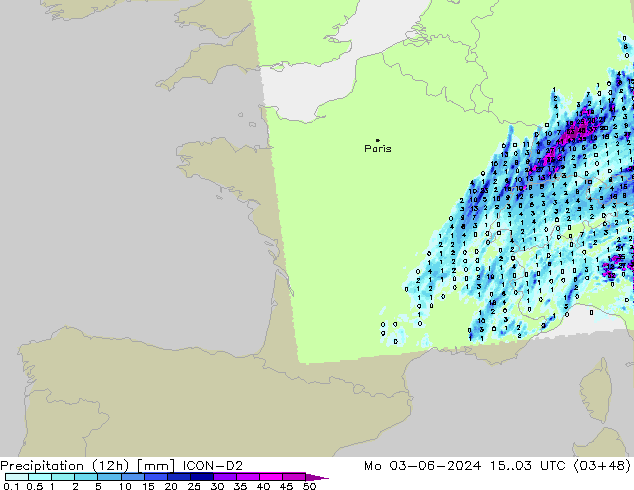 осадки (12h) ICON-D2 пн 03.06.2024 03 UTC