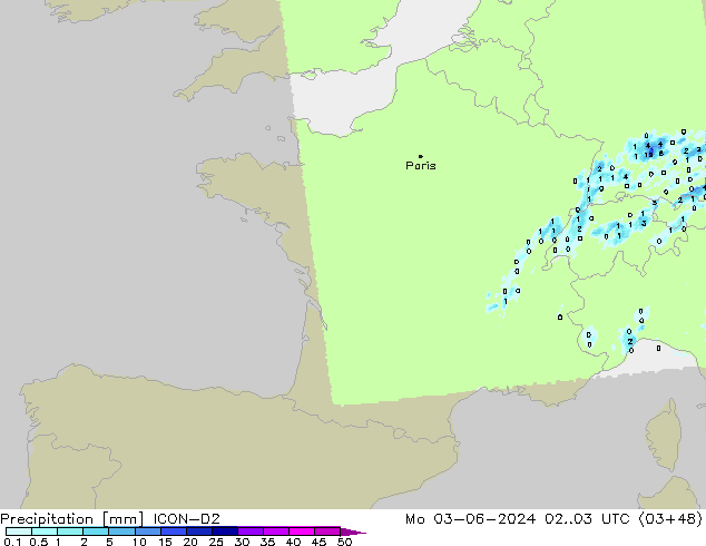 Precipitation ICON-D2 Mo 03.06.2024 03 UTC