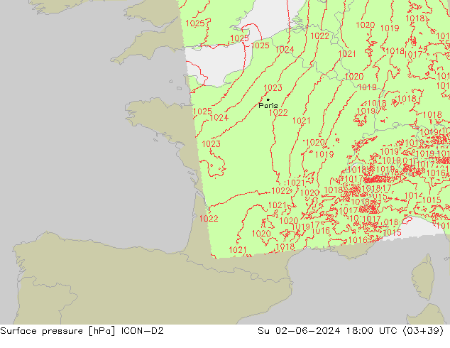 Atmosférický tlak ICON-D2 Ne 02.06.2024 18 UTC