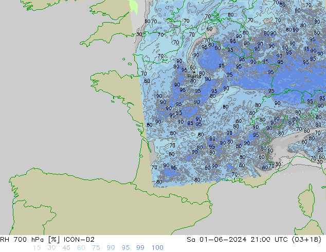 Humedad rel. 700hPa ICON-D2 sáb 01.06.2024 21 UTC