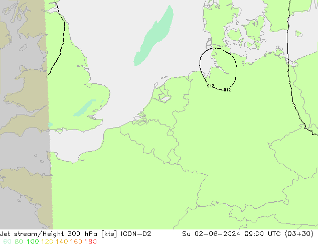 Jet stream/Height 300 hPa ICON-D2 Su 02.06.2024 09 UTC