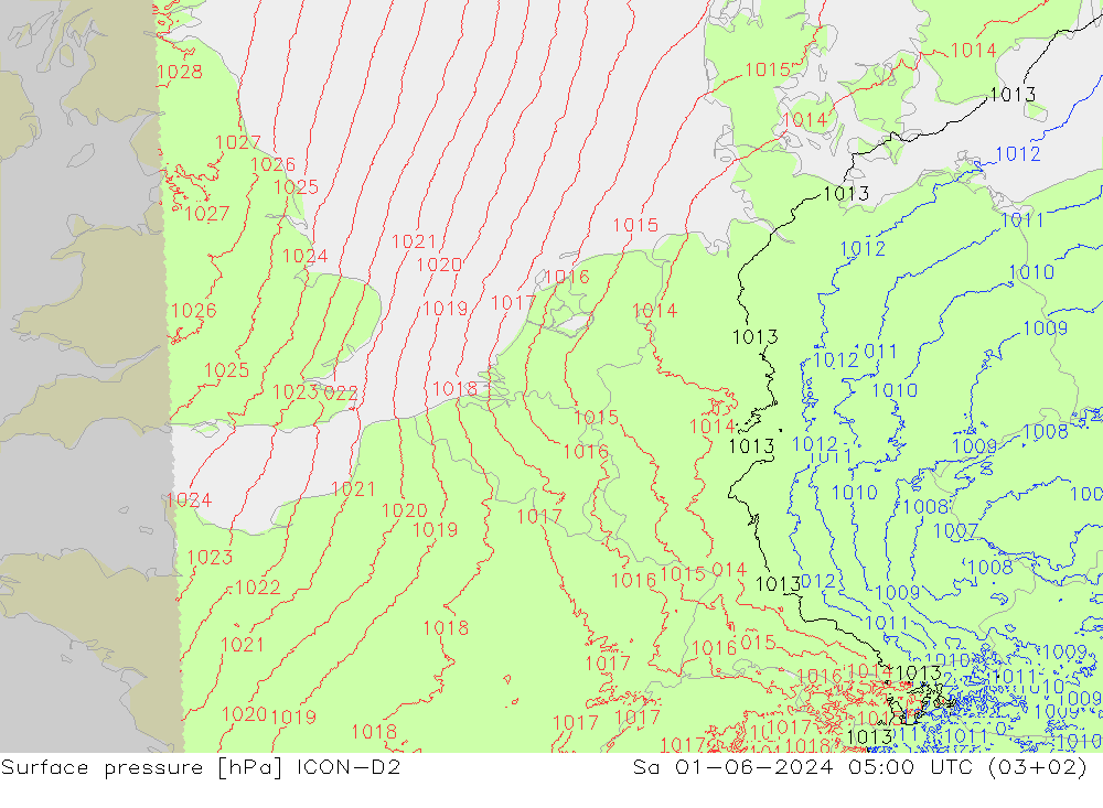 Surface pressure ICON-D2 Sa 01.06.2024 05 UTC