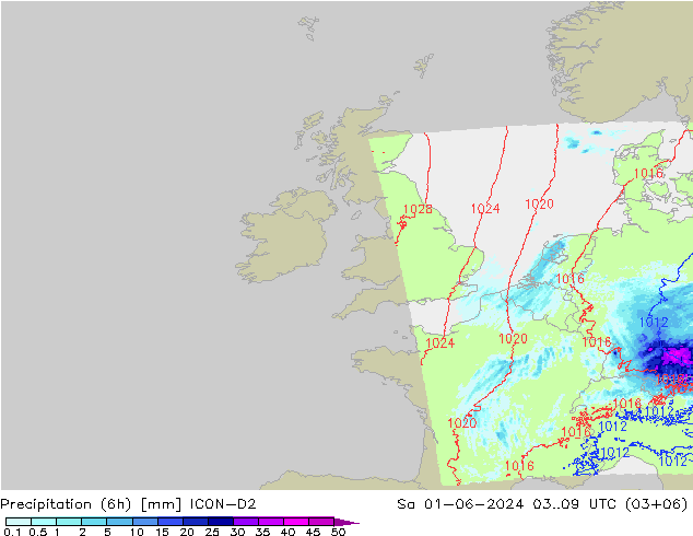 Precipitación (6h) ICON-D2 sáb 01.06.2024 09 UTC