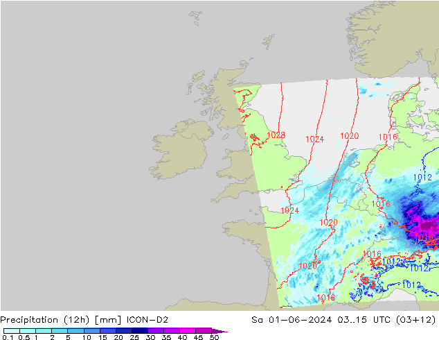 Precipitación (12h) ICON-D2 sáb 01.06.2024 15 UTC