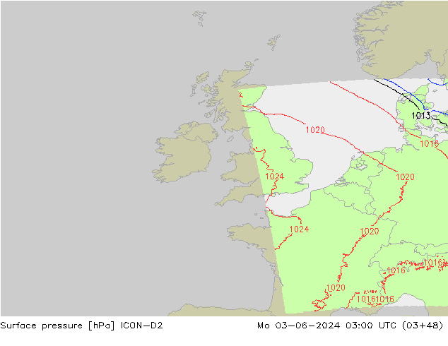 Pressione al suolo ICON-D2 lun 03.06.2024 03 UTC