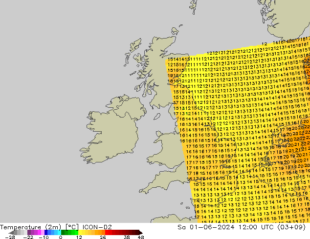 Temperatura (2m) ICON-D2 sáb 01.06.2024 12 UTC