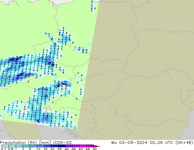 Precipitation (6h) ICON-D2 Mo 03.06.2024 06 UTC