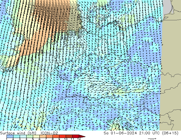 Surface wind (bft) ICON-D2 Sa 01.06.2024 21 UTC