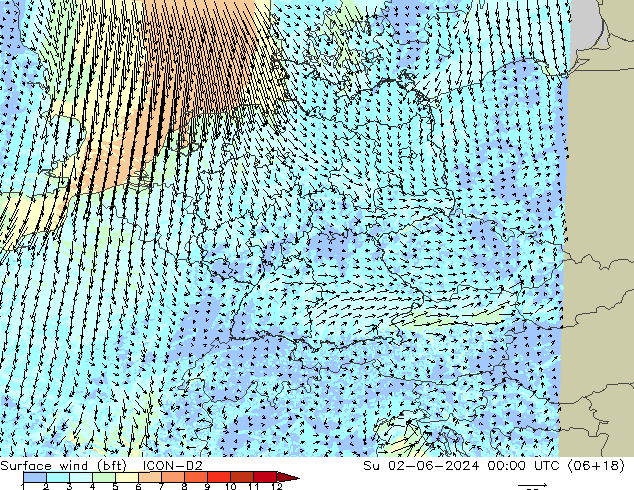 Surface wind (bft) ICON-D2 Su 02.06.2024 00 UTC