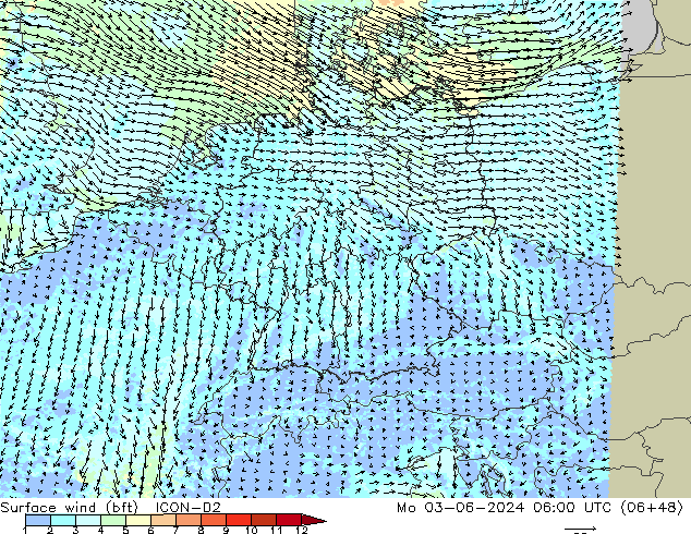Surface wind (bft) ICON-D2 Mo 03.06.2024 06 UTC