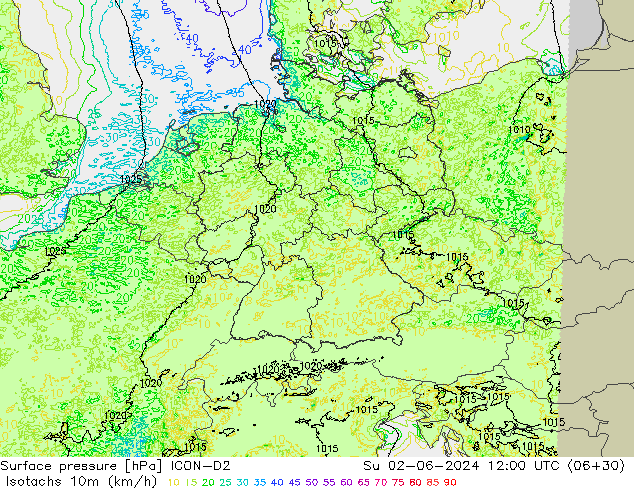 Isotachs (kph) ICON-D2  02.06.2024 12 UTC