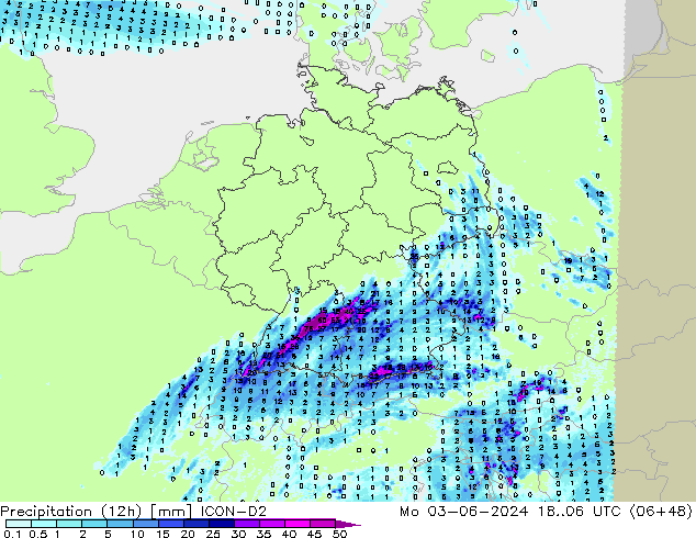 Yağış (12h) ICON-D2 Pzt 03.06.2024 06 UTC