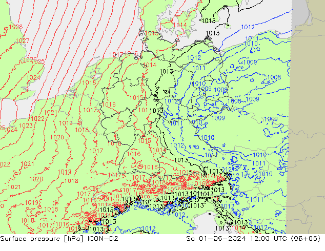 地面气压 ICON-D2 星期六 01.06.2024 12 UTC