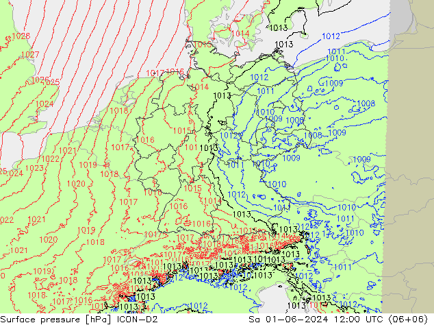 Surface pressure ICON-D2 Sa 01.06.2024 12 UTC