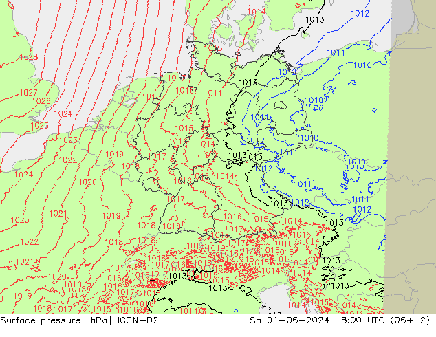 Pressione al suolo ICON-D2 sab 01.06.2024 18 UTC