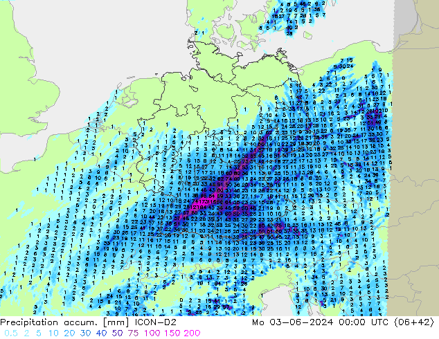 Precipitation accum. ICON-D2  03.06.2024 00 UTC