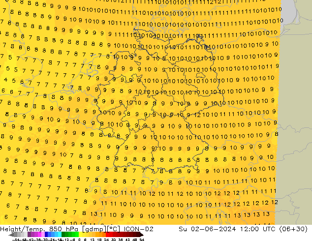 Height/Temp. 850 hPa ICON-D2 Dom 02.06.2024 12 UTC