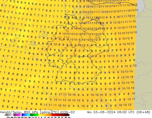 Geop./Temp. 850 hPa ICON-D2 lun 03.06.2024 06 UTC