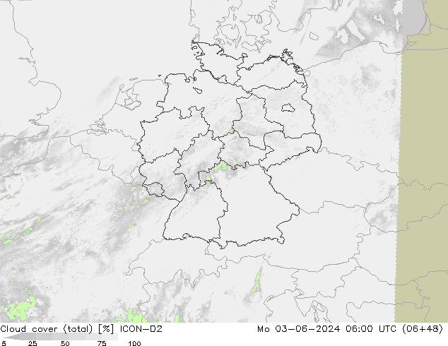 nuvens (total) ICON-D2 Seg 03.06.2024 06 UTC