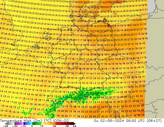 Max. Temperatura (2m) ICON-D2 nie. 02.06.2024 09 UTC