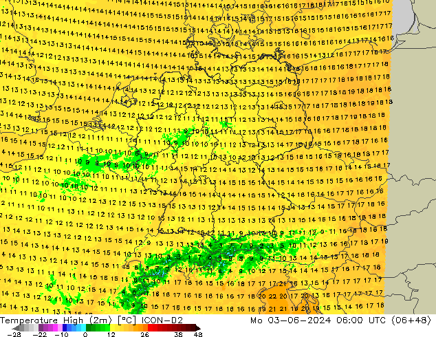 Temperature High (2m) ICON-D2 Mo 03.06.2024 06 UTC