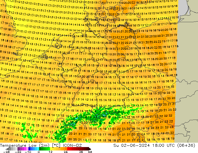 Темпер. мин. (2т) ICON-D2 Вс 02.06.2024 18 UTC