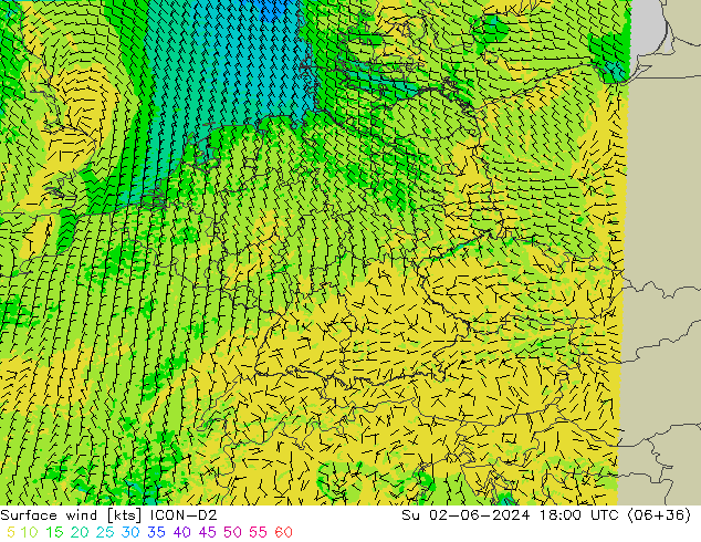 Wind 10 m ICON-D2 zo 02.06.2024 18 UTC