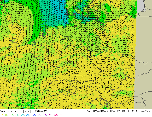 Vento 10 m ICON-D2 Dom 02.06.2024 21 UTC